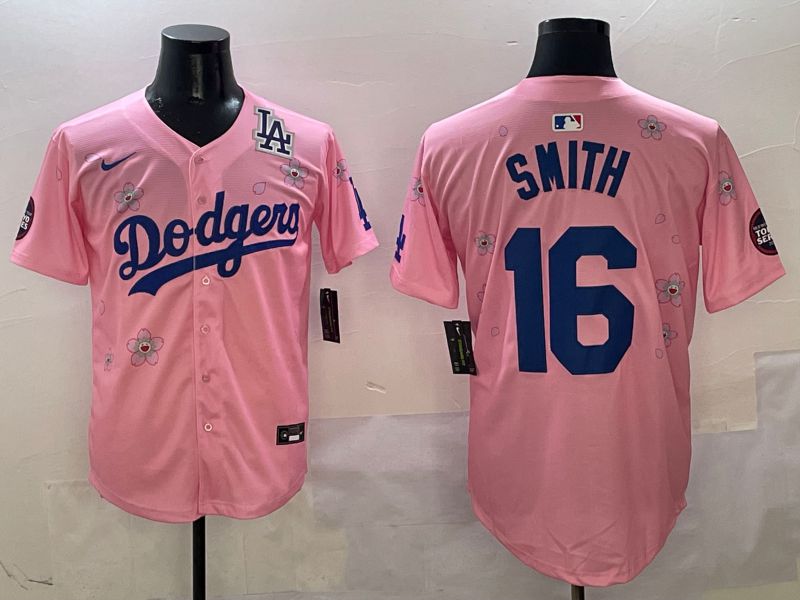 Men Los Angeles Dodgers #16 Smith Pink Sakura Edition 2025 Nike MLB Jersey style 9